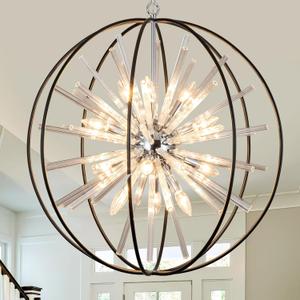 Veezio 12-Light Black Crystal Sputnik Chandelier D27 Globe Modern Firework Ceiling Light Fixture for High Ceiling Foyer Entryway Stairway Dining Room Kitchen Island Bedroom