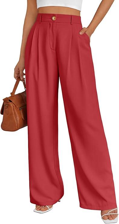 LILLUSORY Wide Leg Dress Pants Women's High Waisted Dressy Trousers Red Medium Size 10
