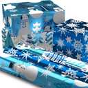 Hallmark Blue Foil Christmas Wrapping Paper with Cut Lines on Reverse (3 Rolls: 60 sq. ft. ttl) Snowmen, Snowflakes, Christmas Trees