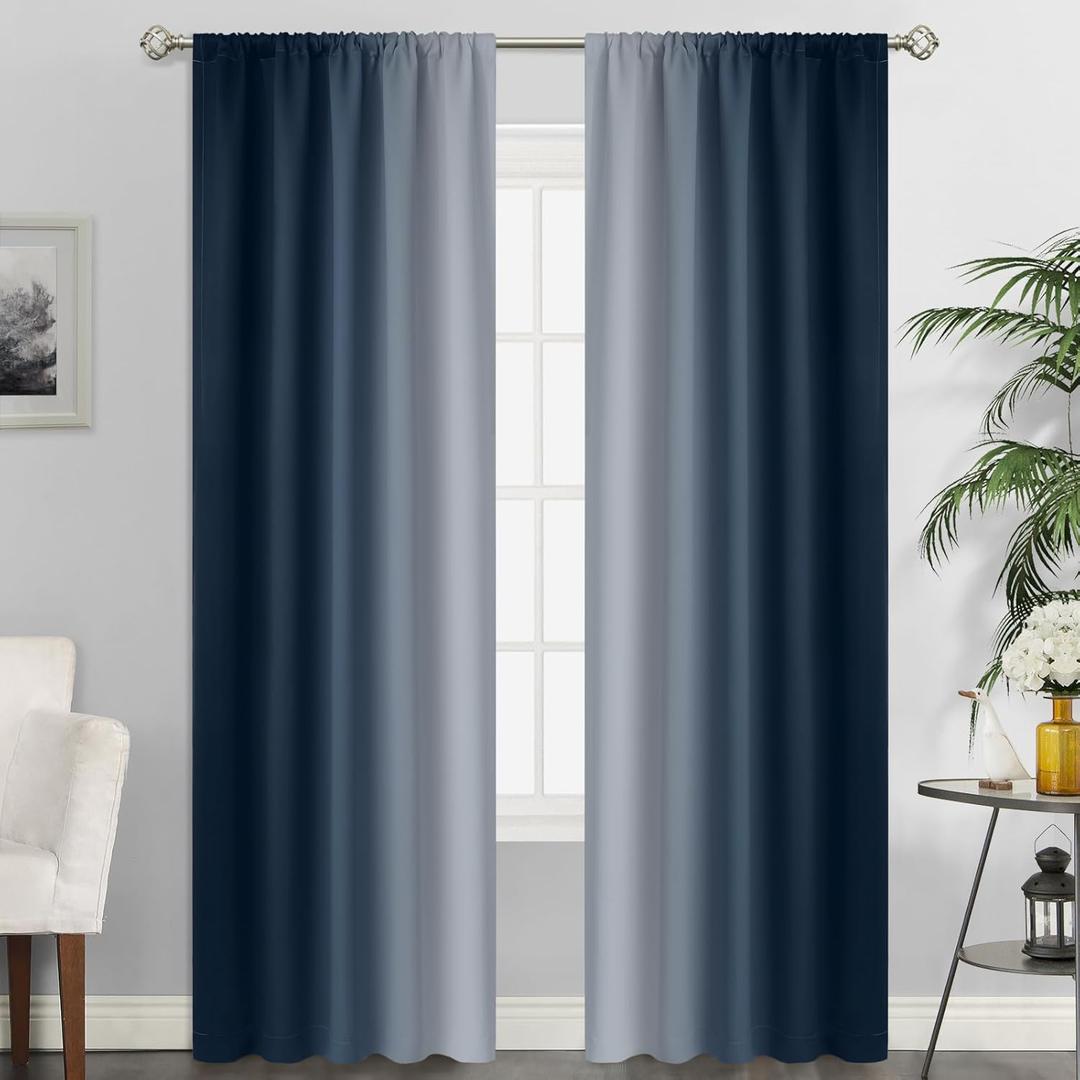 SimpleHome Ombre Room Darkening Curtains for Living Room, Rod Pocket Light Blocking Gradient Navy Blue to Greyish White Thermal Insulated Window Drapes for Bedroom, 2 Panels, 52x90 inches Length