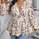 SOLY HUX Women's Plus Size Leopard Print Blouse V Neck Lantern Long Sleeve Peplum Ruffle Hem Flowy Tops (White, L)