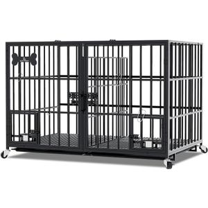 aboxoo 42/48 inch Heavy Duty Metal Dog Crate for 2 Dogs/Large Dog,All Metal Open Top Stackable,Dog Kennel Indoor with Wheels,Floor Grid, Tray, Divider and Feeding Bowl