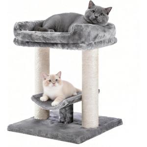 PETEPELA 19" Scratching Post, Cat Tree Tower, 100% Natural Sisal Scratcher With Large Plush Top Perch Bed, Cozy Platform for Kittens and Cats (Classic Grey)