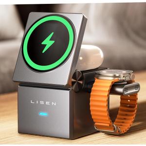 LISEN 3 in 1 Charging Station for Apple, iPhone and Watch Charging Wireless Charging Station for Magsafe Charger Stand Cube, Foldable for iPhone16 16e 15 14 13 and Watch Gray