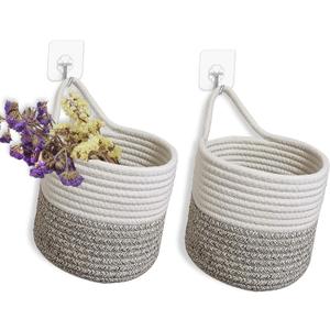 2 Pack Small Hanging Basket,wall hanging baskets with hooks,small hanging storage basket with handle for Porch Living Room Bedroom Entryway Wall Decor,Home Dcor for Plants(White & Brown)
