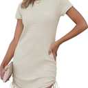 ANRABESS Women Swimwear Cover Up Short Sleeve Knit T Shirt Dress 2025 Summer Beach Drawstring Swim Suit Crochet Mini Dresses Large Beige