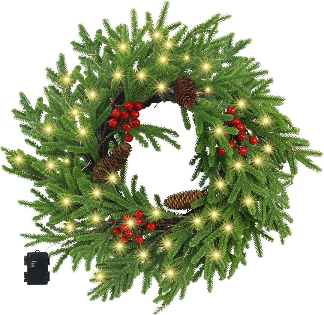 Ogrmar 20 Inch Christmas Wreath for Front Door, Real Touch Norfolk Pine Wreath with Light, Lighted Realistic Artificial Greenery Wreaths with PineCones & Berries for Wall Window Xmas Decor