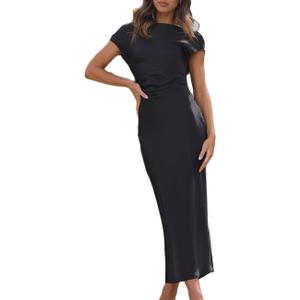 2026 Satin Cap Sleeve Cowl Back Summer Dresses for Women Elegant Ruched Waist Wedding Guest Midi Dress (Medium, Black)
