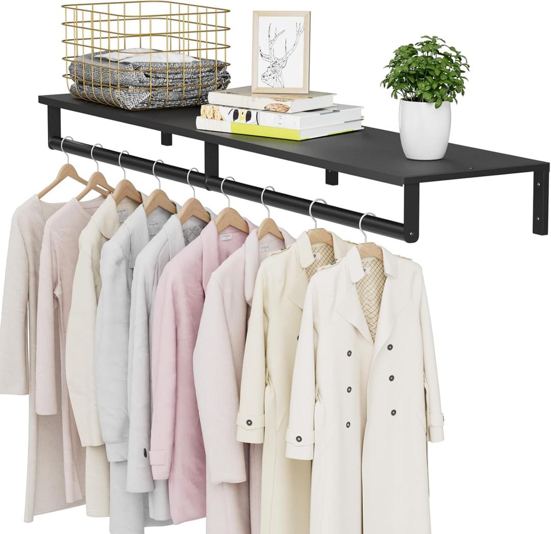 Audmore Wall Mounted Clothes Rack | Heavy Duty Metal Hanging Clothing Rack with Top Shelf for Laundry Room, Bedroom & Closet | Space Saving, Easy Install, Holds 135lbs - 46.5"