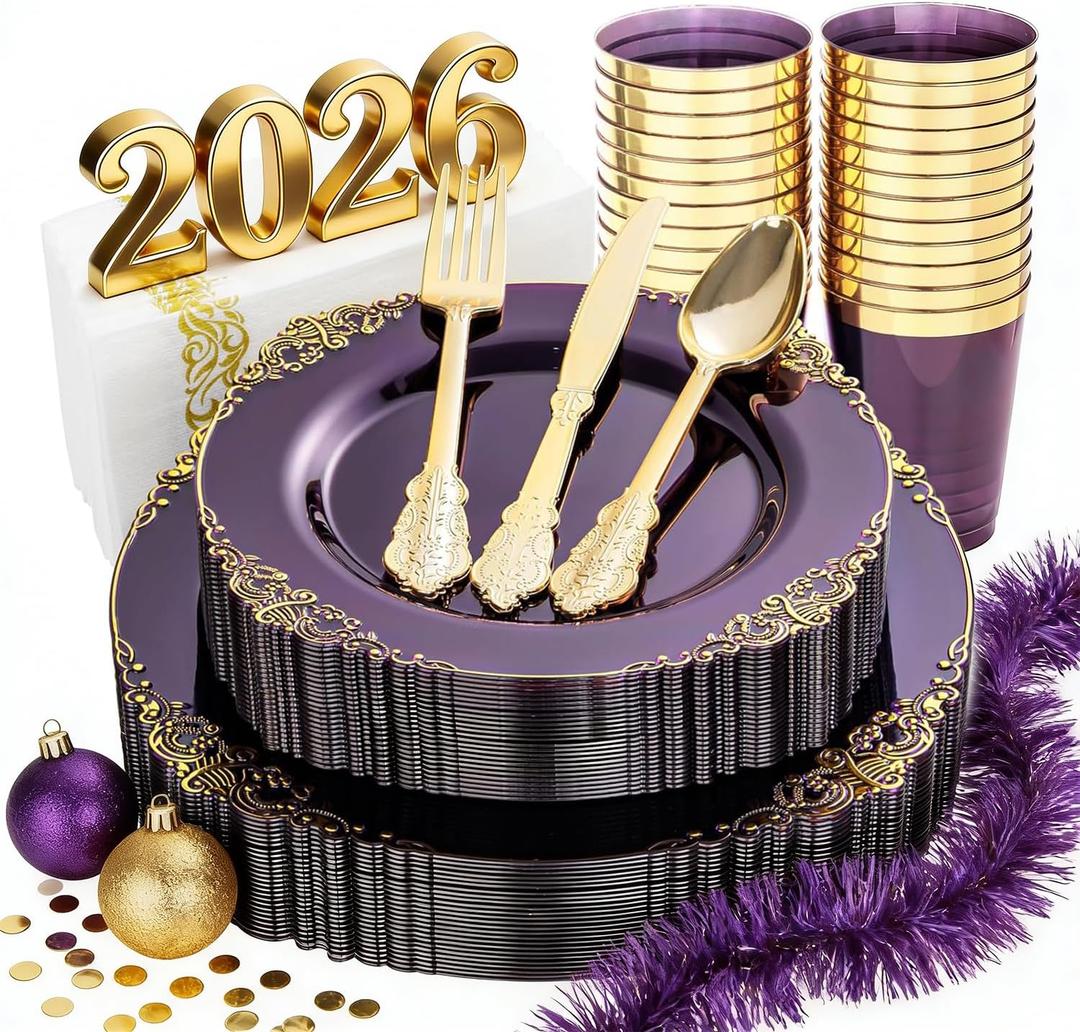 Nervure 175PCS Clear Purple Plastic Plates - Purple Party Plates Set for 25 Guests Include 25Dinner Plate, 25Dessert Plate, 25Cups, 75 Cutlery, 25Napkins Perfect for Wedding & Party & New Year