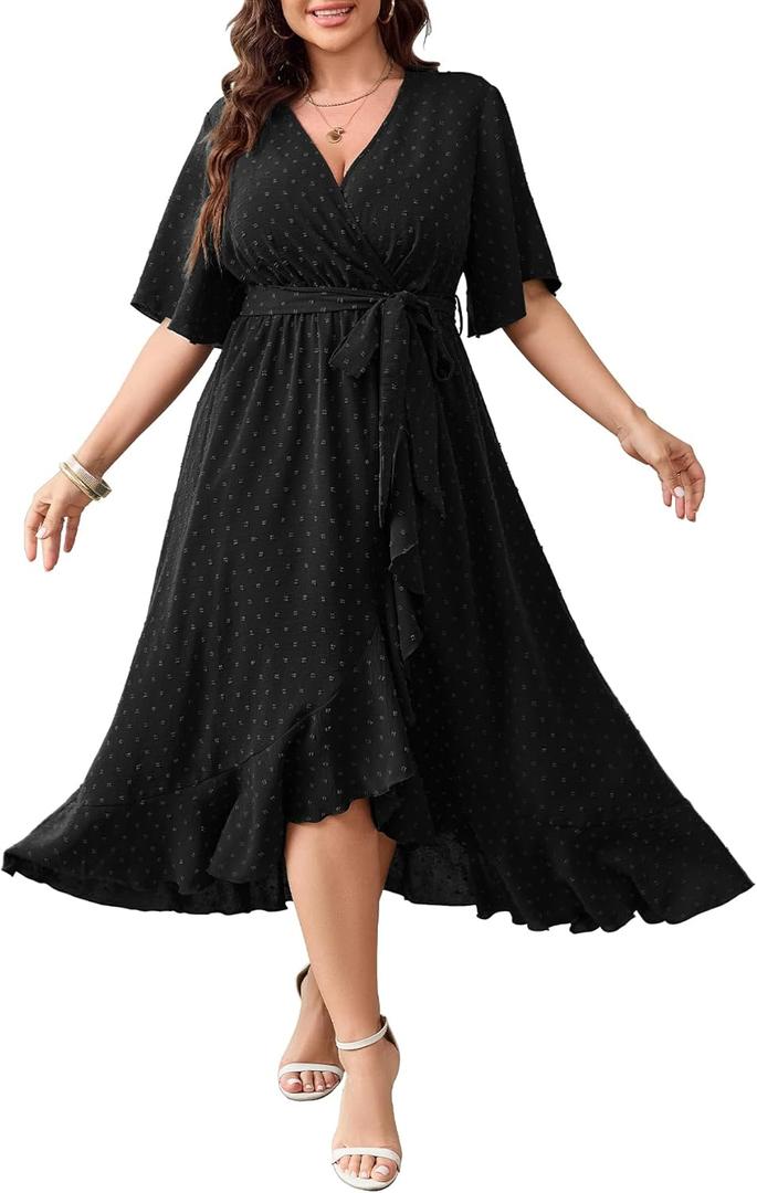 SCOMCHIC Women's Plus Size Summer Dresses Short Sleeve Wrap V Neck Swiss Dot Boho High Low Split Ruffle Maxi Dress (4X-Large Plus, Black)