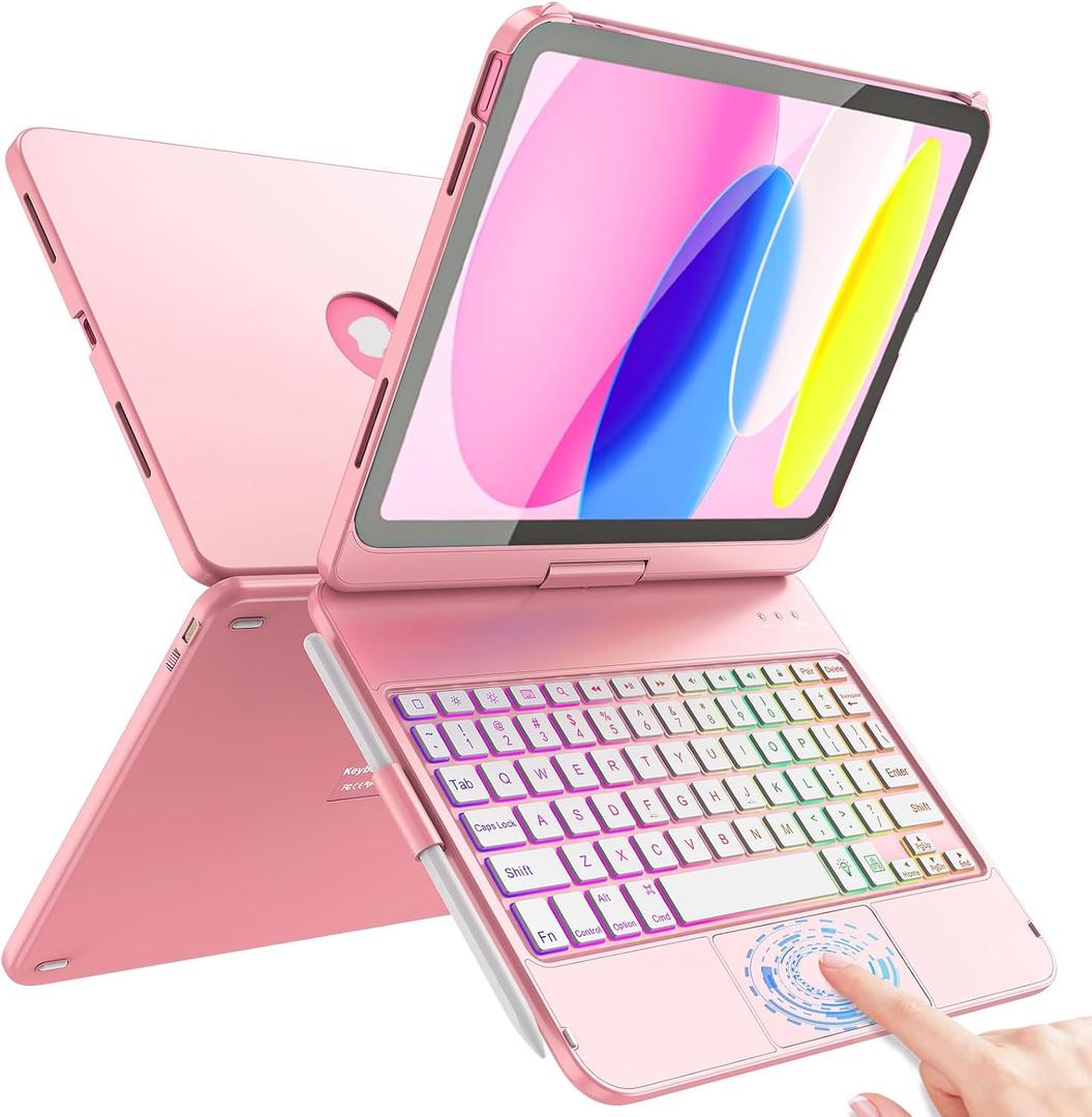 FUWANG Touch Keyboard Case for iPad (A16) 11th Generation 11 inch 2025&10th Gen 10.9 inch 2022, 360 Rotate for iPad 10th Generation Case with Keyboard, Backlit Keyboard Case with Pencil Holder, Pink