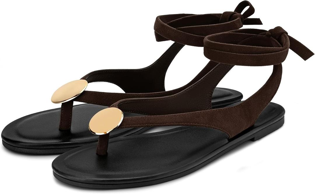 Carcuume Women's Suede Flat Sandals with Metallic Accents Adjustable Strappy Flip Flops for Beach Vacation Casual Outings Cushioned Dressy Slides,MOLAZY-00, 9