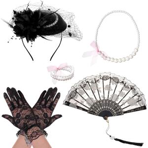 Fumwase 5Pcs Tea Party Accessories Set for Women Afternoon Tea Accessories Kit Gloves Hats Necklace Fan Bracelet (Black)
