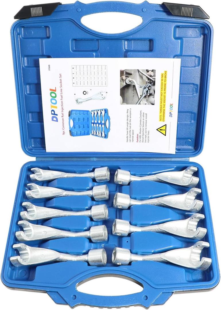 9pc Common Rail Injection Fuel Line Socket Set 12 Point Injector Fuel Line Socket 1/2" Dr 12mm 14mm 16mm 17mm 18mm 19mm 21mm 22mm 24mm Removal Temperature Sensors Thermo Switches
