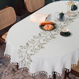 HOMBYS Oval Tablecloth with Embroidery and Tassels 60 x 102 Inch, Linen-Look Polyester Table Cover for Dining Table, Washable Wrinkle-Resistant Tablecloth for Farmhouse Kitchen Decor, Natural