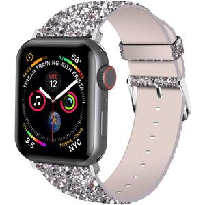 Iiteeology Compatible with Apple Watch Band 46mm 45mm 44mm 42mm, Glitter Shiny Bling Leather Band for iWatch Series 11-1/SE 3 - Silver