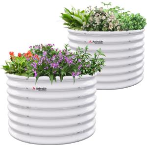 A ANLEOLIFE 2-Pack 3ft x 24 Tall Galvanized Raised Garden Beds Outdoor, Round Metal Planter Box for Planting Vegetables Flowers Herb, Anti-Rust & Easy-Setup, Antique White, 32ft Tall