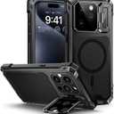 Lanhiem for iPhone 15 Pro Metal Case, [Built-in Camera Kickstand & Glass Screen Protector] Protective Heavy Duty Full Body Military Rugged Shockproof Magnetic Cover for iPhone 15 Pro 6.1" (Black)