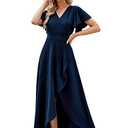 ZZV Formal Dresses for Women Gowns Evening Party Cocktail Dress, Long Split Elegant V Neck Wrap Ruffle Wedding Guest Dresses Navyblue-L