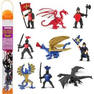 Safari Ltd Knights & Dragons TOOB - 9 Mini Figurines with Knights, Drake, Tiamat, Wyvern, and Peluda Dragon - Toy Figures for Boys, Girls & Kids Ages 3+