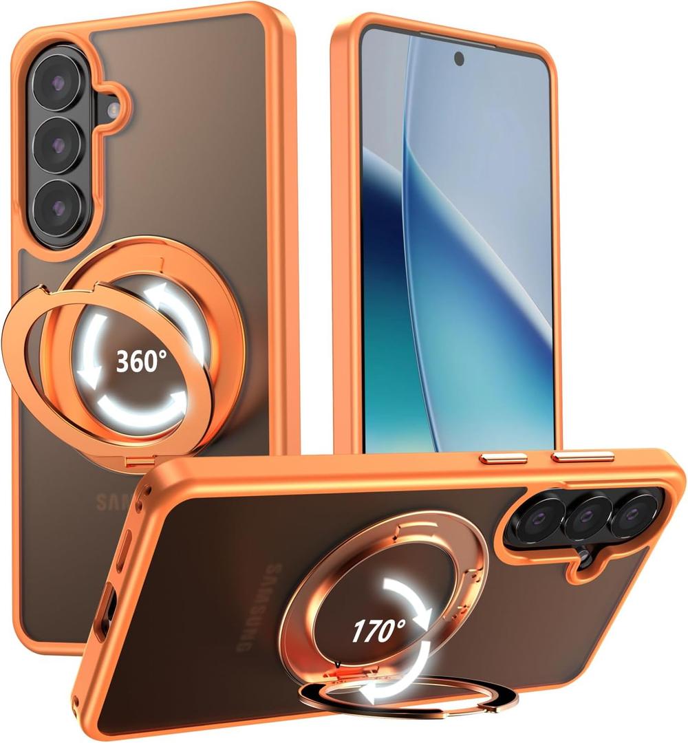 VUM Galaxy S26 Case 6.3", MagSafe Supported, Full Camera Protection, Built-in Magnetic Ring, 360 Rotatable Magnetic Stand, Military Grade Shockproof, Semi-Transparent Matte, Orange