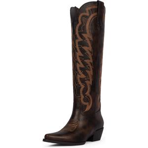 Modatope Cowboy Boots for Women Knee High Chunky Heel Butterfly Cowgirl Boots Wide Calf Pointed Toe Chunky Heel Fashion Western Boot (8)