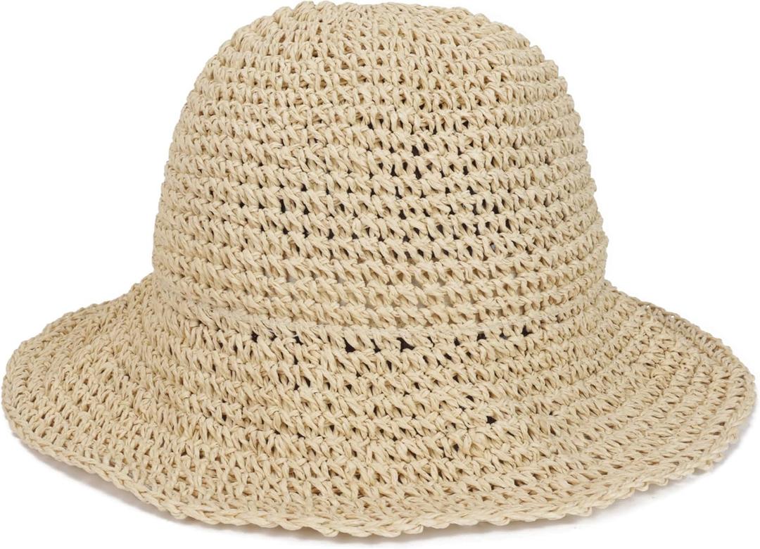 Womens Crochet Straw Sun Hat with Wide Brim  Soft Foldable Floppy Beach Hat for Summer (One Size, Beige)