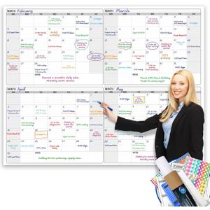 Dry Erase Four Month Laminated jumbo Wall Calendar, 46" x 63", Huge quarterly Laminated Erasable White Board, Giant 120 day Family Whiteboard Schedule Planner, Large Multi Month Reusable Poster