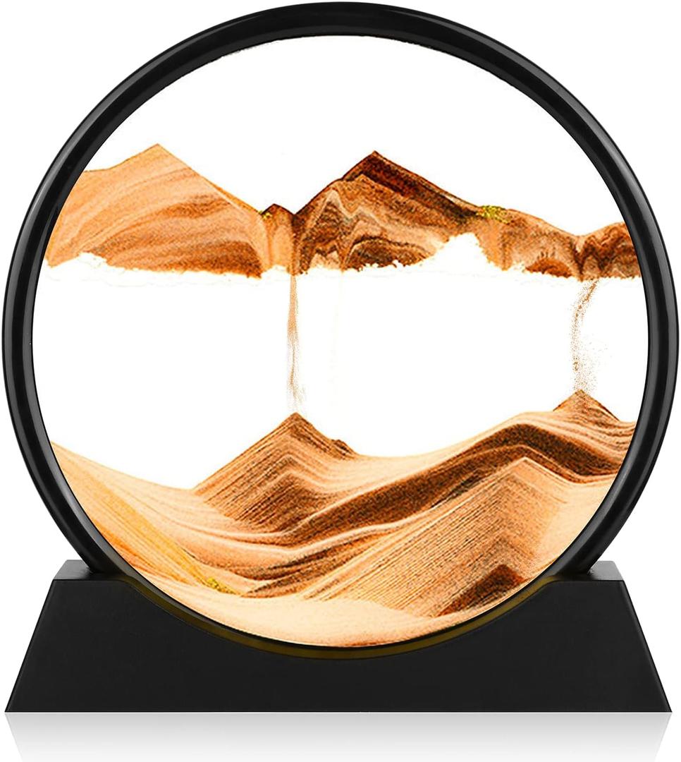 Herecanli Moving Sand Art Picture - 3D Quicksand Painting Decor - Round Glass 3D Deep Sea Sandscape - Relaxing Decoration for Home,Office,Desk,Mantle,Bookshelf,Room- (Yellow, 7 in)