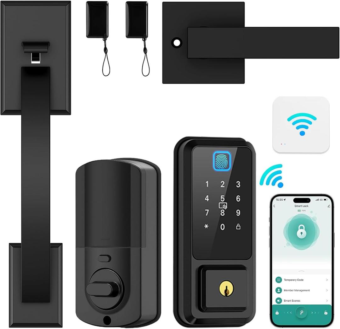 Front Door Lock Set 5 in 1 - WiFi Remote Control Unlock, Smart Locks for Front Door, Keyless Entry Door Lock Deadbolt with Handle Set, Bluetooth Enabled with Alexa Voice Control (Black)