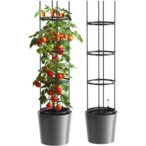 DoCred Self Watering Tomato Planter with Trellis, Large Flower Pot with Water Level Monitor, Round Garden Planters Plant Pots for Outdoor & Indoor Plants Flowers Decor, Gray