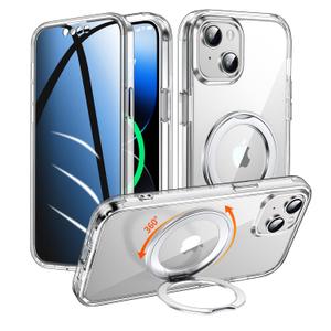 Privacy Case for iPhone 13/iPhone 14 with 360°Stand [Built-in Anti Peeping Screen Protector] [Compatible with MagSafe] [Magnetic Ring ] Full Body Protective Phone Cover 6.1", Clear