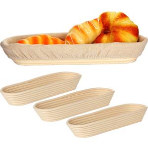 4 Pieces 13.8 Inch Banneton Bread Proofing Basket Oval Long Bread Proofing Basket Banneton Basket Dough Proofing Basket with Liners and Scatters for Home Sourdough Bread Baking