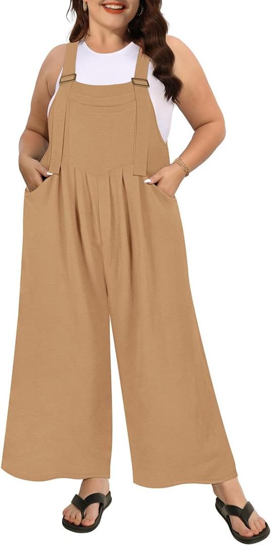 RITERA Plus Size Romper For Curvy Women Sleeveless Jumpsuits Loose Adjustable Strap Long Wide Leg Pant Pocket Casual XL-5XL (2X, Js- S Khaki)