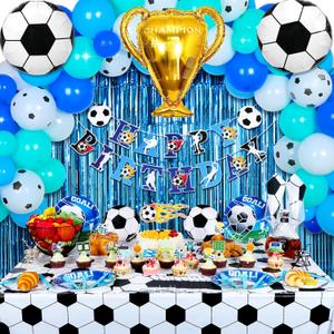 185 PCS Soccer Birthday Party Decorations, Soccer Theme Party Decorations Includes Soccer Balloons, Curtains, Happy Birthday Banner, Tablecloth, Plates, Napkins, Cake Toppers for Boys Party