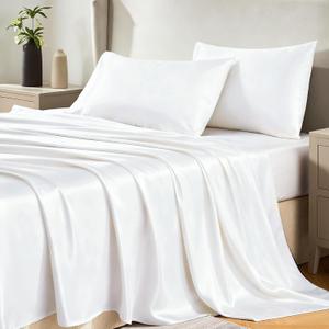CozyLux Satin Sheets Full Size Sheets - 4 Piece Silky Full Size Bed Sheets, Luxury White Full Bed Set with Smooth and Soft Microfiber, Includes 1 Fitted Sheet, 1 Flat Sheet and 2 Pillowcases