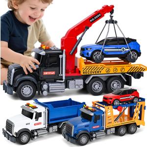 3 Pack 12'' Large Trucks Toy Set,Transport Tow Truck Toy & Dump Trucks and Car Carrier Truck Toys with Lights and Sounds,Friction Powered Movable Parts Kid Boys Toys for 3 4 5 6 7 Years Old