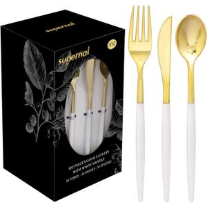 Supernal 102pcs Gold Plastic Cutlery, Durable Plastic silverware,Disposable Cutlerty with White Handle,Include 34 Forks,34 Knvies,34 Spoons, Suit for Wedding,Birthday,Party