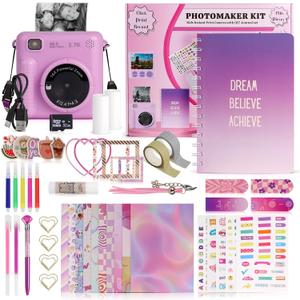 Photomaker Kit - Instant Print Camera for Kids Plus DIY Journal Kit for Girls - 150 Pcs Tween Journal & Camera for Girls - 6 7 8 9 10 11 12 13 14 Year Old Girl (Lilac)