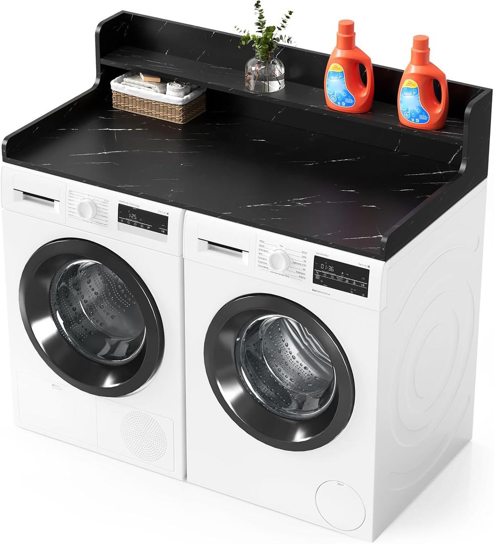 SpaceAid Washer Dryer Countertop with 2-Tier Shelf, Wood Topper with Edge, 54" Width x 27.5" Depth Cover Organizer Guard for Washer and Dryer Counter Laundry Hamper Storage (Black Marble)