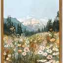 Framed Boho Landscape Wall Art, Colorful Floral Mountain Pictures Wall Decor, Vintage Wildflower Nature Paintings Canvas Prints Rustic Home Decor for Living Room Bedroom Office 12x16 inch