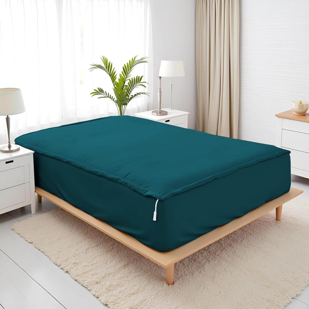 Zip On Sheets Full Size Zipper Fitted Sheet - Includes 1 Fitted Base + 2 Zip On Sheet - Upto 16 Inch Deep Pockets - Easy to Use, Wont Pop Off - Soft Microfiber Full Size 54X75 - Teal