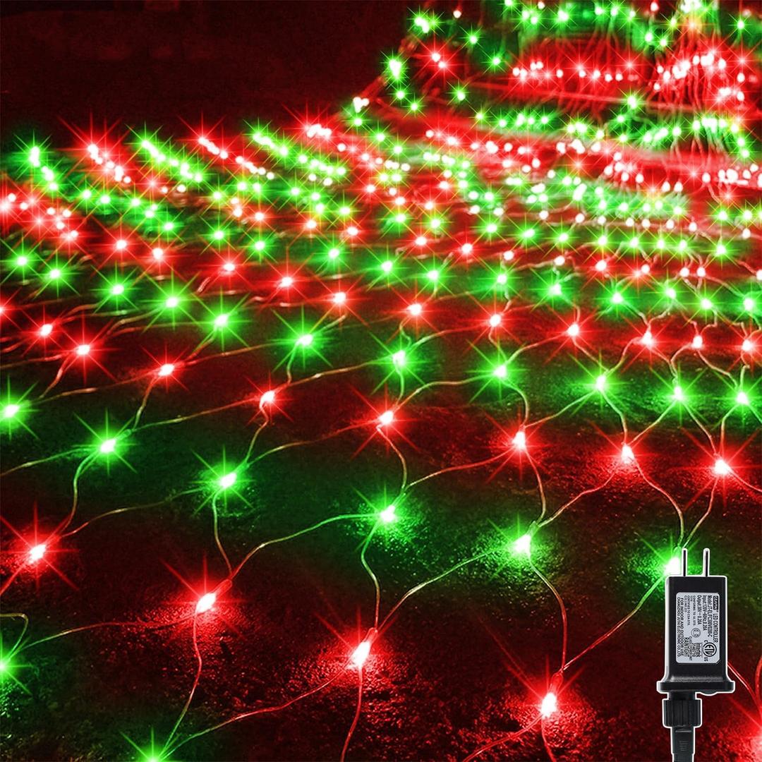 WATERGLIDE Outdoor Christmas Net Lights, 12FT x 5FT 360 LED Mesh String Light with 8 Lighting Mode, Connectable Waterproof Lights for Garden Tree Bushes, Holiday Wedding Party Decoration, Red & Green