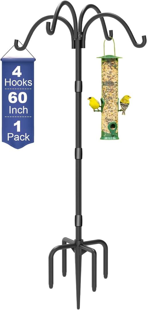 Upgrade 4-Hook Shepherd Hooks for Outdoor with Plastic Tube, 60" Heavy Duty Bird Feeder Pole with 5 Prongs Base, Adjustable Garden Hook for Solar Light, Hanging Plant, Wedding Decor, 1 Pack