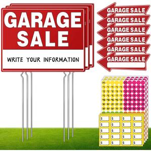 14Pcs Garage Sale Signs,17" x 13",Garage Sale Arrows Yard Sign Double Sided with Metal Stake, Sale Pricing Stickers,Directional Arrows & Fluorescent Neon Stickers, Yard Sale Supplies