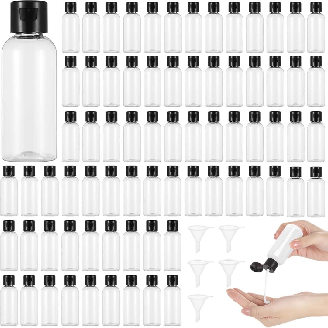 100 Pack 2 oz Plastic Empty Travel Bottles with Flip Cap 60ml Travel Size Containers Portable Leak Proof Clear Plastic Bottles Refillable Dispensing Bottles for Liquid Shampoo Lotion Black