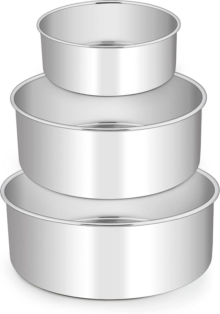 E-far Deep Cake Pan Set Of 3 (6 Inch/8 Inch/9 Inch), Stainless Steel Round Layer Cake Baking Pans, Metal Tier Cake Tins for Wedding Birthday, Leak Proof & Straight Side, Non-toxic & Dishwasher Safe