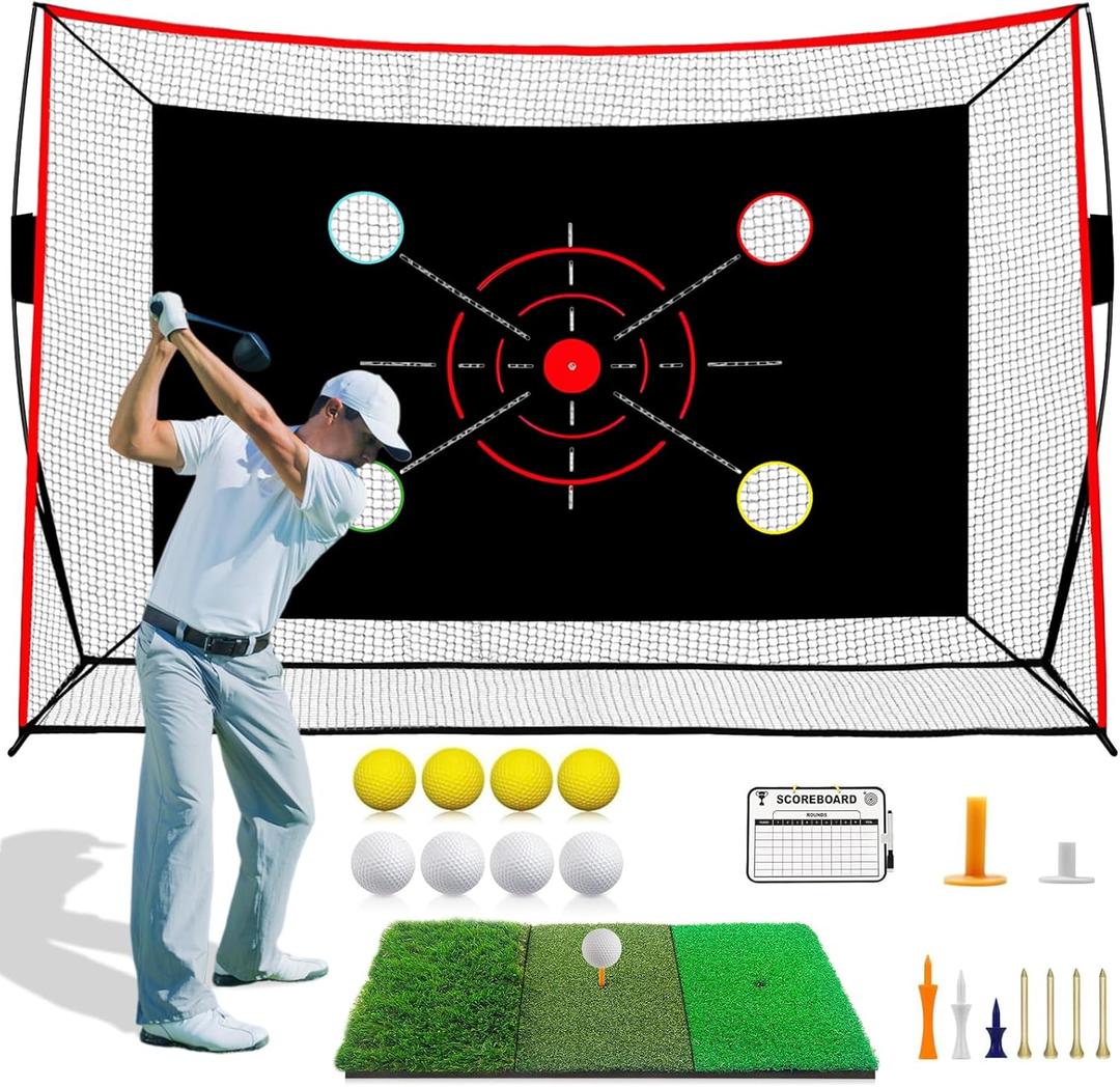 Golf Net, 10x7FT with Golf Practice Mat, Hitting Aid Net with Multi Targets Training for Backyard Driving Chipping Indoor Outdoor Use, 7-Ply Anti-Tear Netting & Carry Bag, Gifts for Men Dad Him Golfer