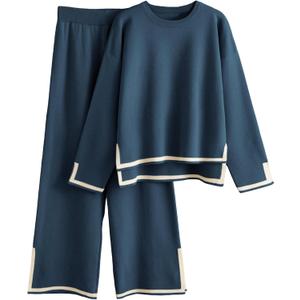 Tanming Women's 2 Piece Outfits Long Sleeve Knit Sweater Top Wide Leg Pants Lounge Sets Tracksuits (S, Navy)